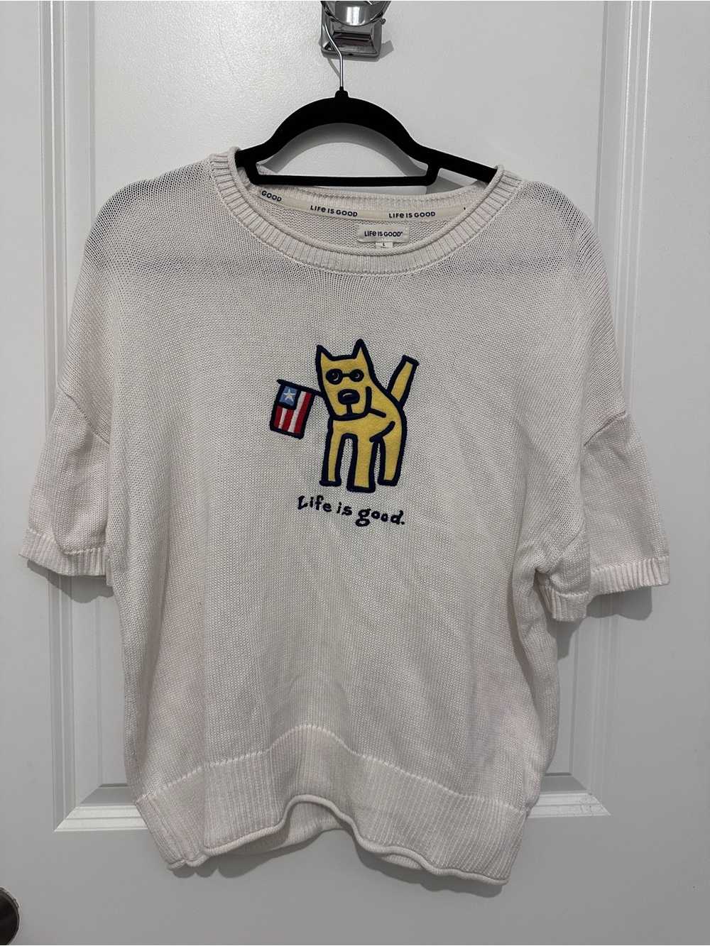 Life Is Good Womens White Short Sleeve Knit Sweater Rocket Dog American Flag